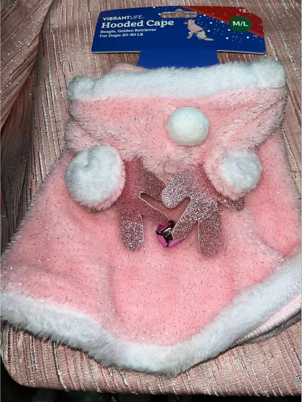 Vibrant Life Dog Pink/white Faux Fur Hooded w/ Reindeer Antlers Cape Sz M